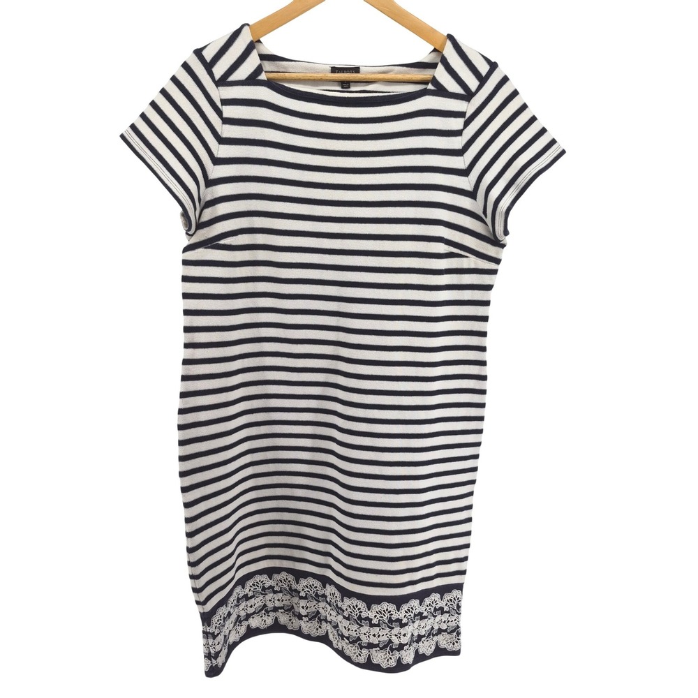 Talbots Navy White Striped Lace Hem Sheath Dress Sz Large Nautical Preppy Cruise